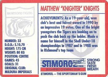 1991 Scanlens Stimorol #114 Matthew Knights Back